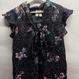Elegant Black Floral Blouse with Tie Front